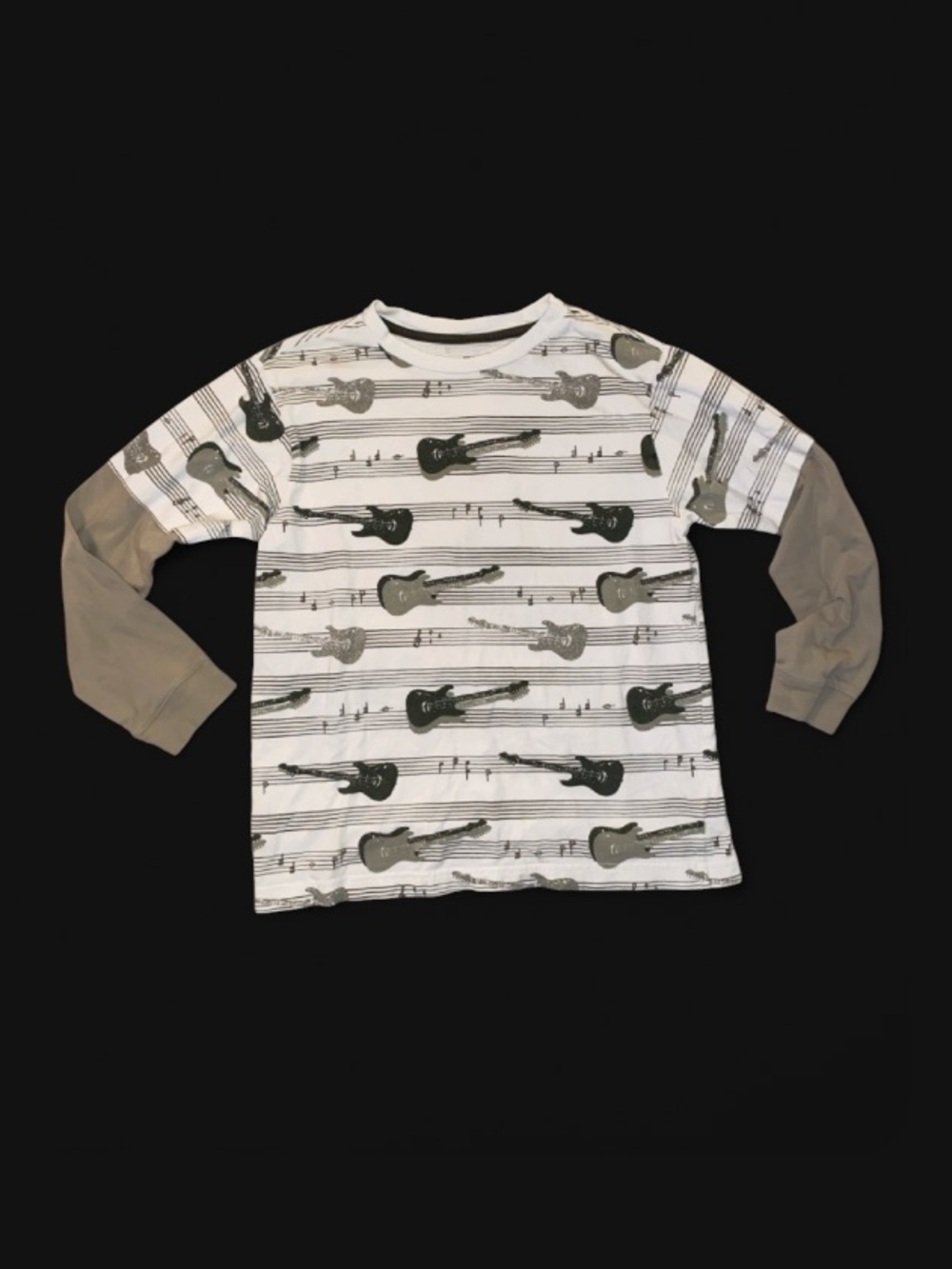 Old Navy White Guitar Print Layered Long-Sleeve Tee with Taupe Sleeves